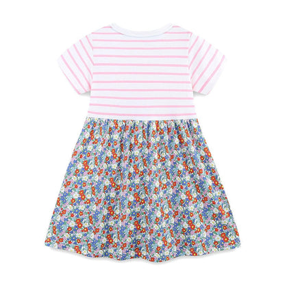 MyKids-USA® Striped and Flowers Pattern Short Sleeves Color Patchwork Dress for Stylish Girls