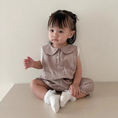 MyKids-USA® Baby Kids Girls Sleeveless Peter Pan Collar Vest and Plain Shorts Clothing Set