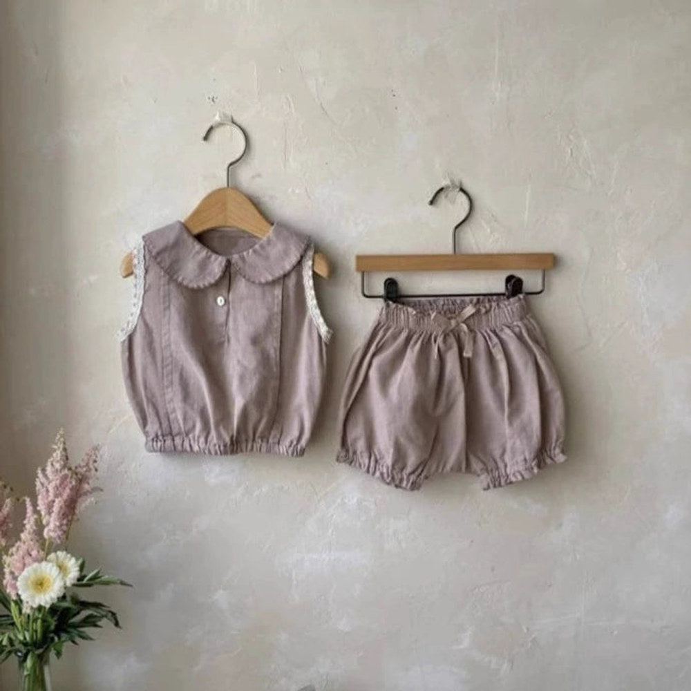 MyKids-USA® Baby Kids Girls Sleeveless Peter Pan Collar Vest and Plain Shorts Clothing Set