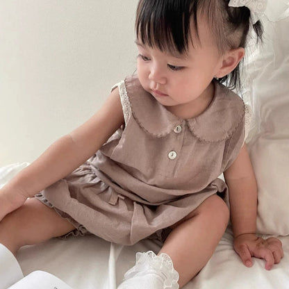 MyKids-USA® Baby Kids Girls Sleeveless Peter Pan Collar Vest and Plain Shorts Clothing Set