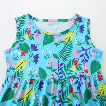 MyKids-USA® Summer Arrival Leaves and Animals Pattern Sleeveless Dress for Stylish Girls