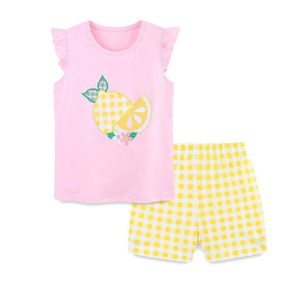 MyKids-USA® Cute Lemon Pattern Shirt and Plaid Shorts Set for Girls