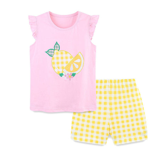 MyKids-USA® Cute Lemon Pattern Shirt and Plaid Shorts Set for Girls