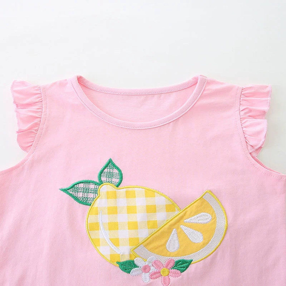 MyKids-USA® Cute Lemon Pattern Shirt and Plaid Shorts Set for Girls