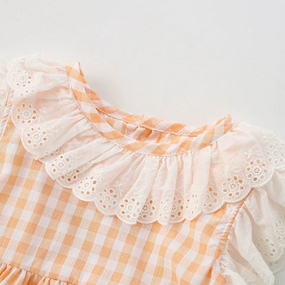 MyKids-USA® Plaid Pattern Fly Sleeves Lace Decorated Dress for Stylish Girls