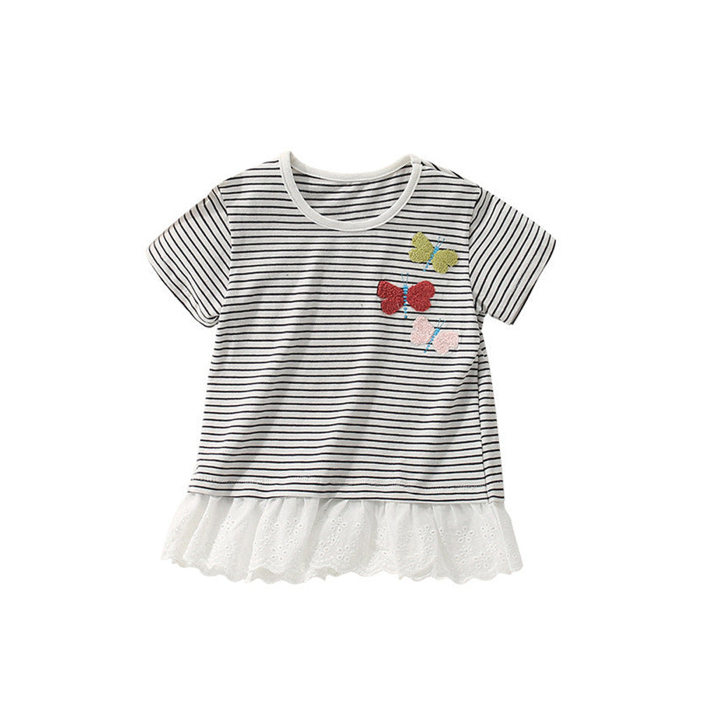 MyKids-USA® Summer Girls’ Butterfly Pattern Striped T-shirt in European and American Style