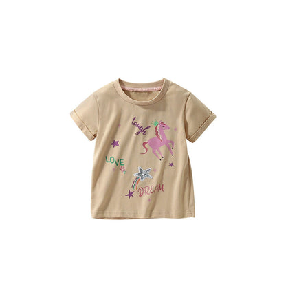 MyKids-USA® Summer Kids’ Cartoon Horse and Letters Pattern T-shirt in European and American Style