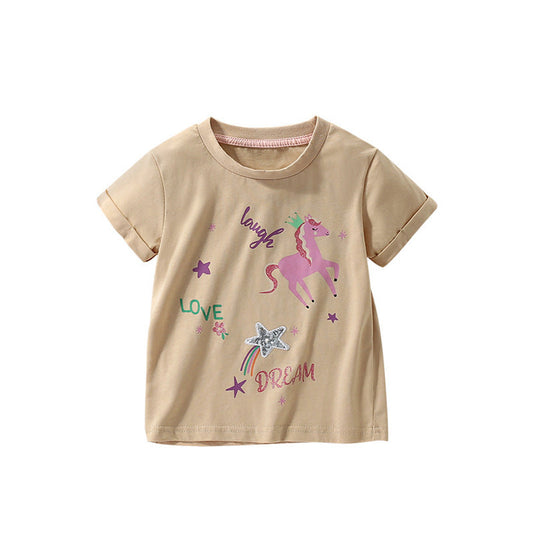 MyKids-USA® Summer Kids’ Cartoon Horse and Letters Pattern T-shirt in European and American Style