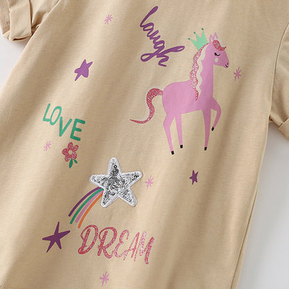 MyKids-USA® Summer Kids’ Cartoon Horse and Letters Pattern T-shirt in European and American Style