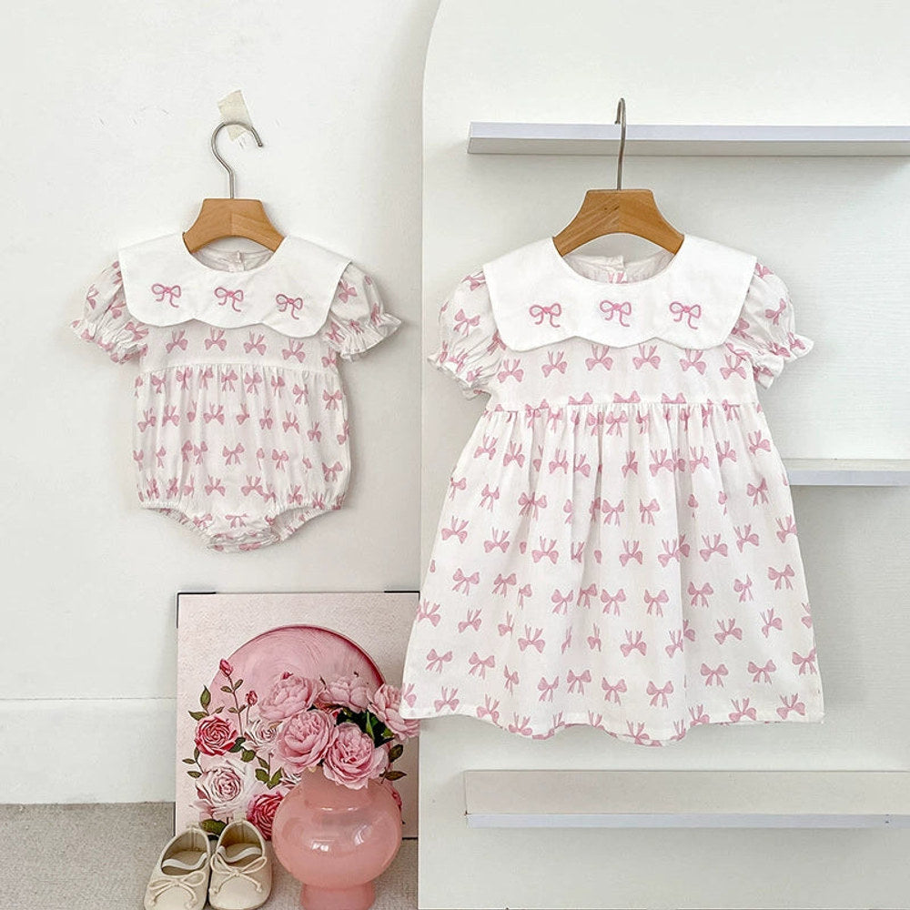 Summer Baby Girls French-style Butterfly-bow Pattern Short Sleeves bodysuit and Dress – Princess Sister Matching Set