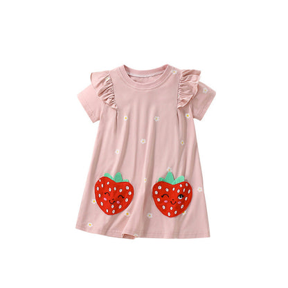 MyKids-USA® Red Strawberry Cartoon Pattern Short Sleeves Cute Dress for Stylish Girls