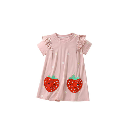 MyKids-USA® Red Strawberry Cartoon Pattern Short Sleeves Cute Dress for Stylish Girls