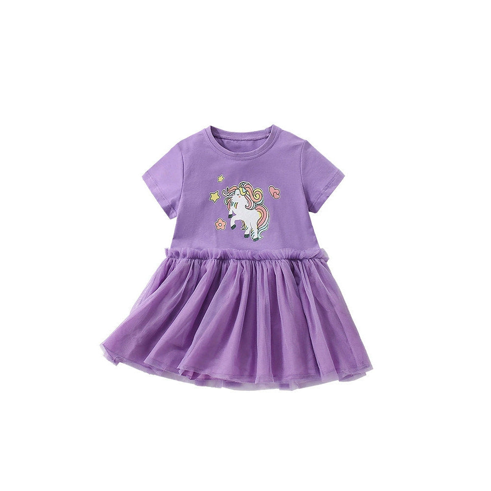 MyKids-USA® Horse Cartoon Pattern Short Sleeves Tulle Design Cute Dress for Stylish Girls