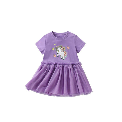 MyKids-USA® Horse Cartoon Pattern Short Sleeves Tulle Design Cute Dress for Stylish Girls