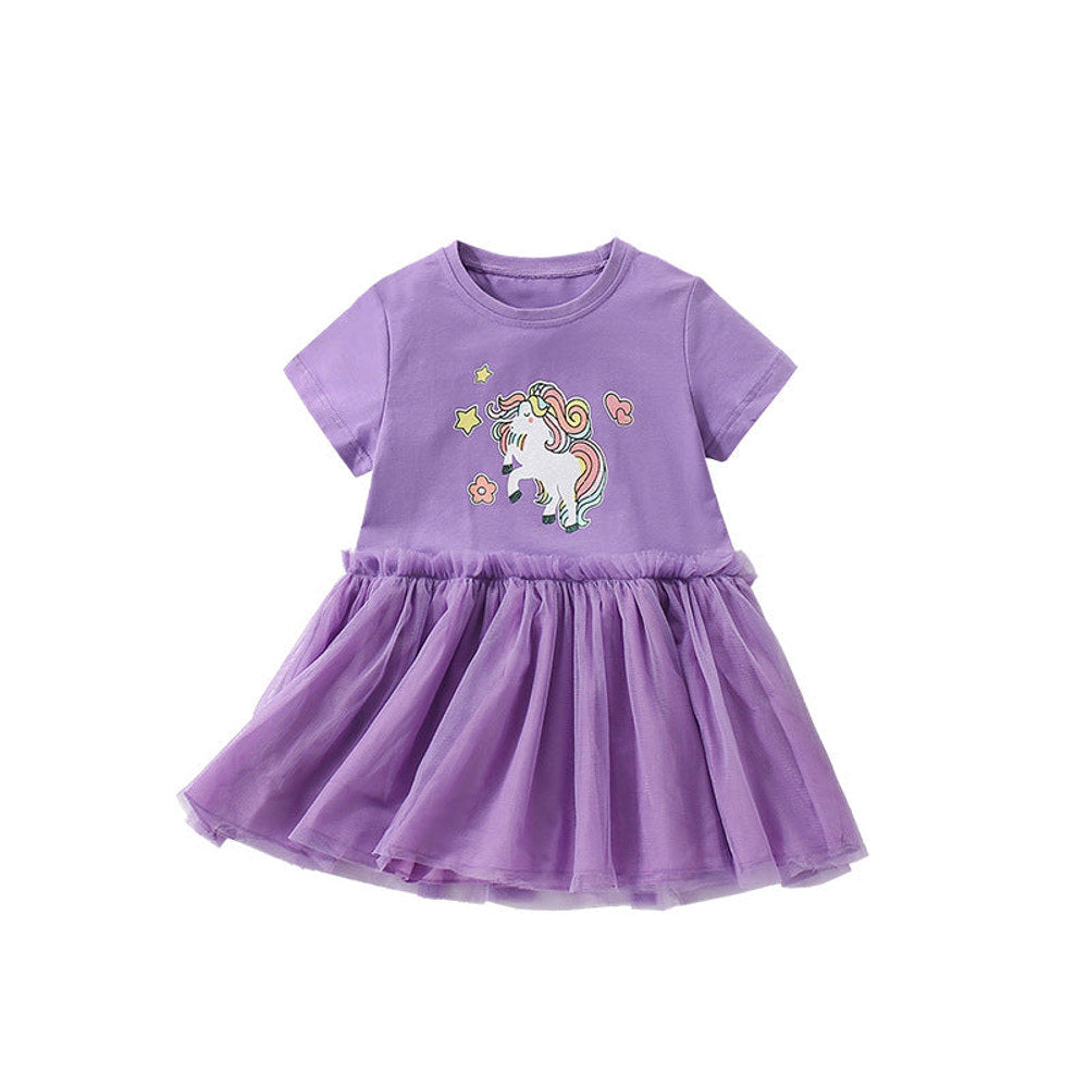 MyKids-USA® Horse Cartoon Pattern Short Sleeves Tulle Design Cute Dress for Stylish Girls