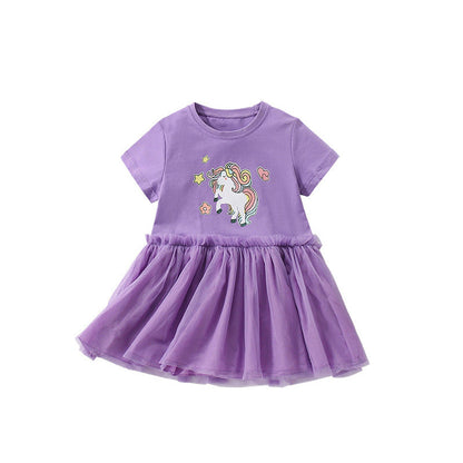 MyKids-USA® Horse Cartoon Pattern Short Sleeves Tulle Design Cute Dress for Stylish Girls