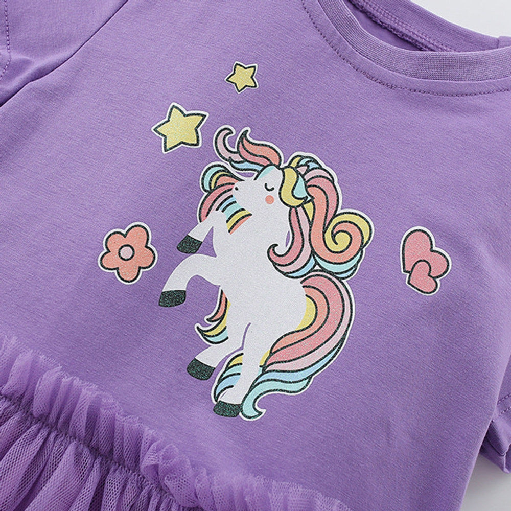 MyKids-USA® Horse Cartoon Pattern Short Sleeves Tulle Design Cute Dress for Stylish Girls