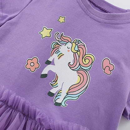 MyKids-USA® Horse Cartoon Pattern Short Sleeves Tulle Design Cute Dress for Stylish Girls