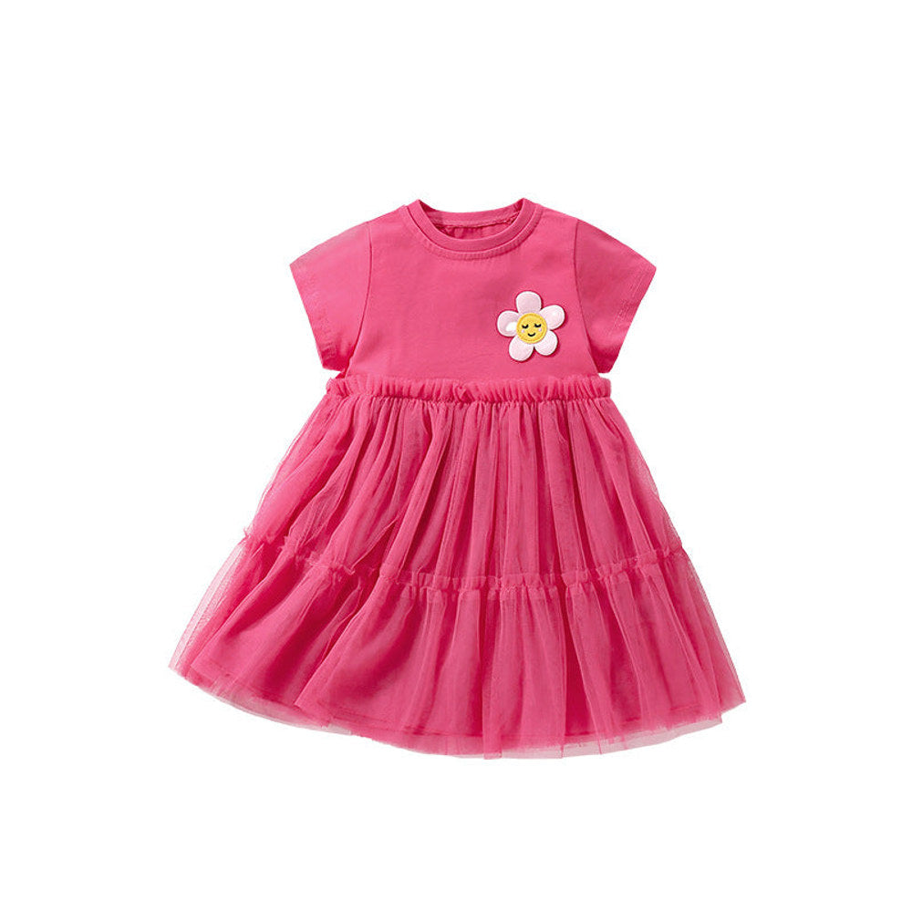 MyKids-USA® Flower Cartoon Pattern Short Sleeves Tulle Design Cute Dress for Stylish Girls