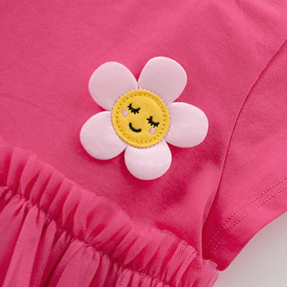 MyKids-USA® Flower Cartoon Pattern Short Sleeves Tulle Design Cute Dress for Stylish Girls