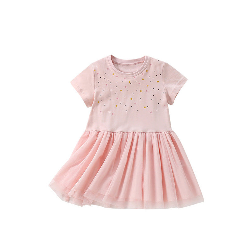 MyKids-USA® Colorful Dots Pattern Short Sleeves Tulle Design Cute Dress for Stylish Girls