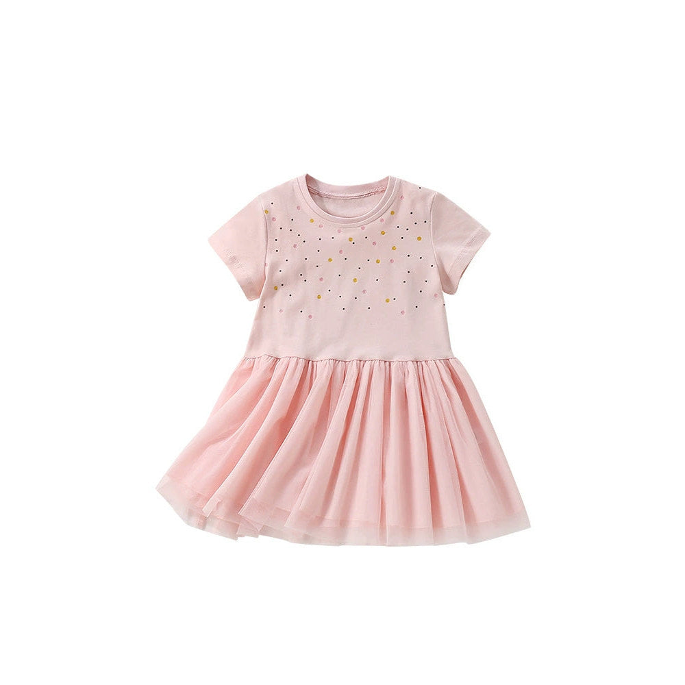 MyKids-USA® Colorful Dots Pattern Short Sleeves Tulle Design Cute Dress for Stylish Girls