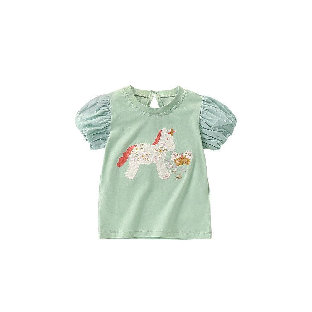 MyKids-USA® Summer Girls’ Pony and Flowers Pattern T-shirt in European and American Style