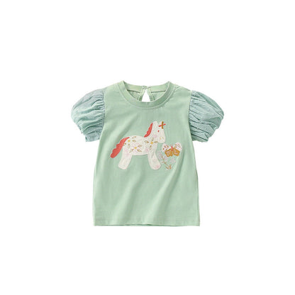 MyKids-USA® Summer Girls’ Pony and Flowers Pattern T-shirt in European and American Style