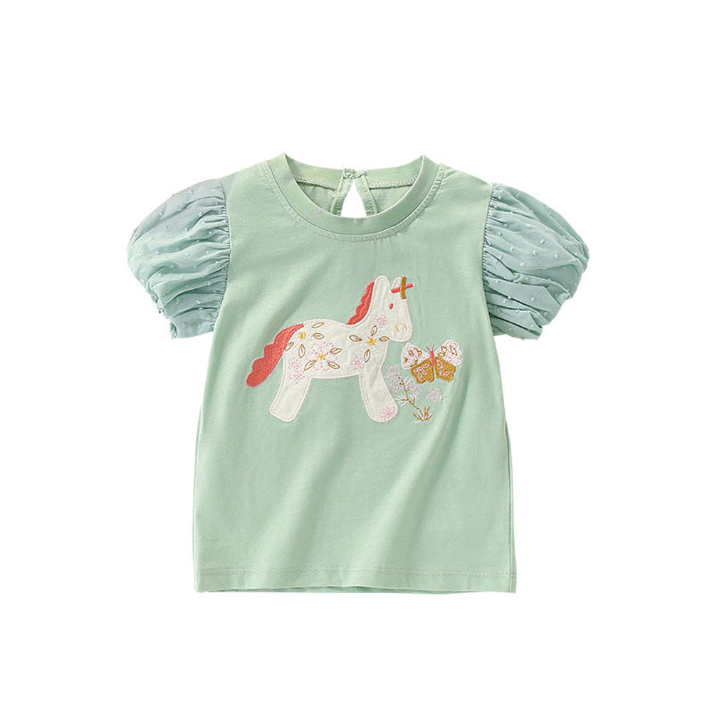 MyKids-USA® Summer Girls’ Pony and Flowers Pattern T-shirt in European and American Style