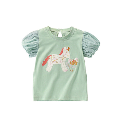 MyKids-USA® Summer Girls’ Pony and Flowers Pattern T-shirt in European and American Style