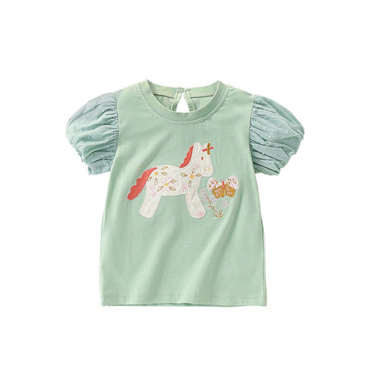 MyKids-USA® Summer Girls’ Pony and Flowers Pattern T-shirt in European and American Style