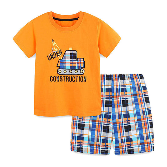 MyKids-USA® Baby Kids Cartoon Pattern T-shirt and Plaid Shorts Casual Clothing Set for Boys