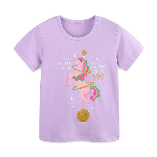 MyKids-USA® Summer Girls’ Unicorn Cartoon and Letters Pattern T-shirt in European and American Style