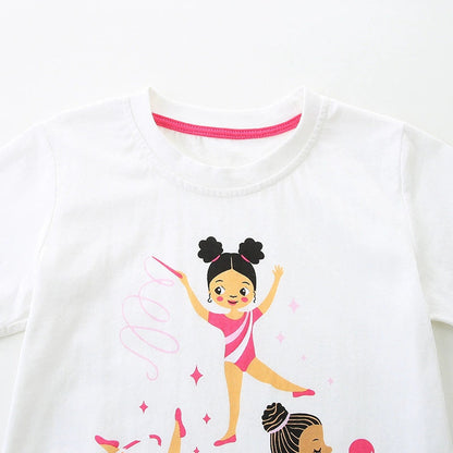 MyKids-USA® Girls’ Rhythmic Gymnastics Cartoon Pattern T-shirt in European and American Style