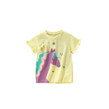 MyKids-USA® Summer Arrival Girls’ Horse Cartoon Pattern T-shirt in European and American Style