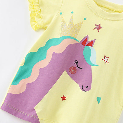 MyKids-USA® Summer Arrival Girls’ Horse Cartoon Pattern T-shirt in European and American Style