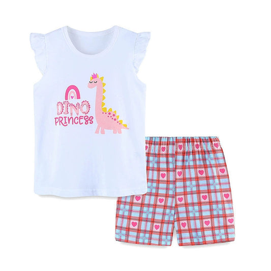 MyKids-USA® Baby Kids Cute Dinosaur Pattern Vest and Plaid Shorts Clothing Set for Girls
