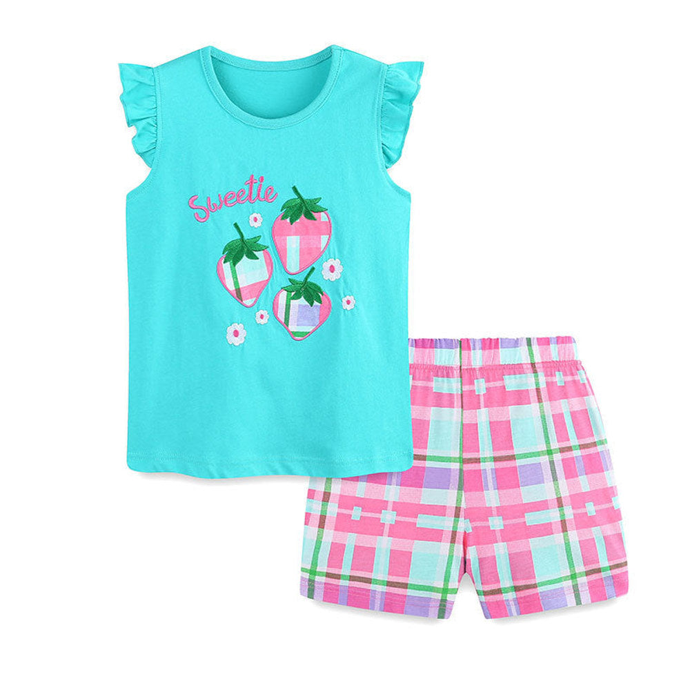 MyKids-USA® Baby Kids Cute Strawberry Pattern Vest and Plaid Shorts Clothing Set for Girls