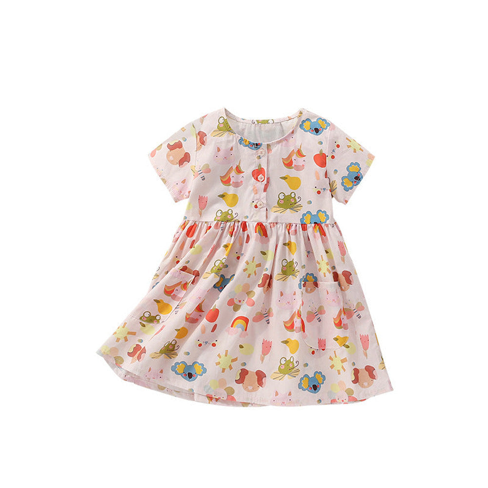 MyKids-USA® Cartoon Animals and Fruits Pattern Short Sleevels Dress for Stylish Girls