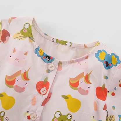 MyKids-USA® Cartoon Animals and Fruits Pattern Short Sleevels Dress for Stylish Girls