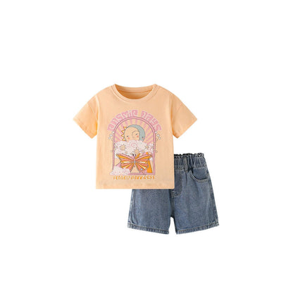 MyKids-USA® Baby Kids Cartoon Pattern T-shirt and Denim Shorts Clothing Set for Girls