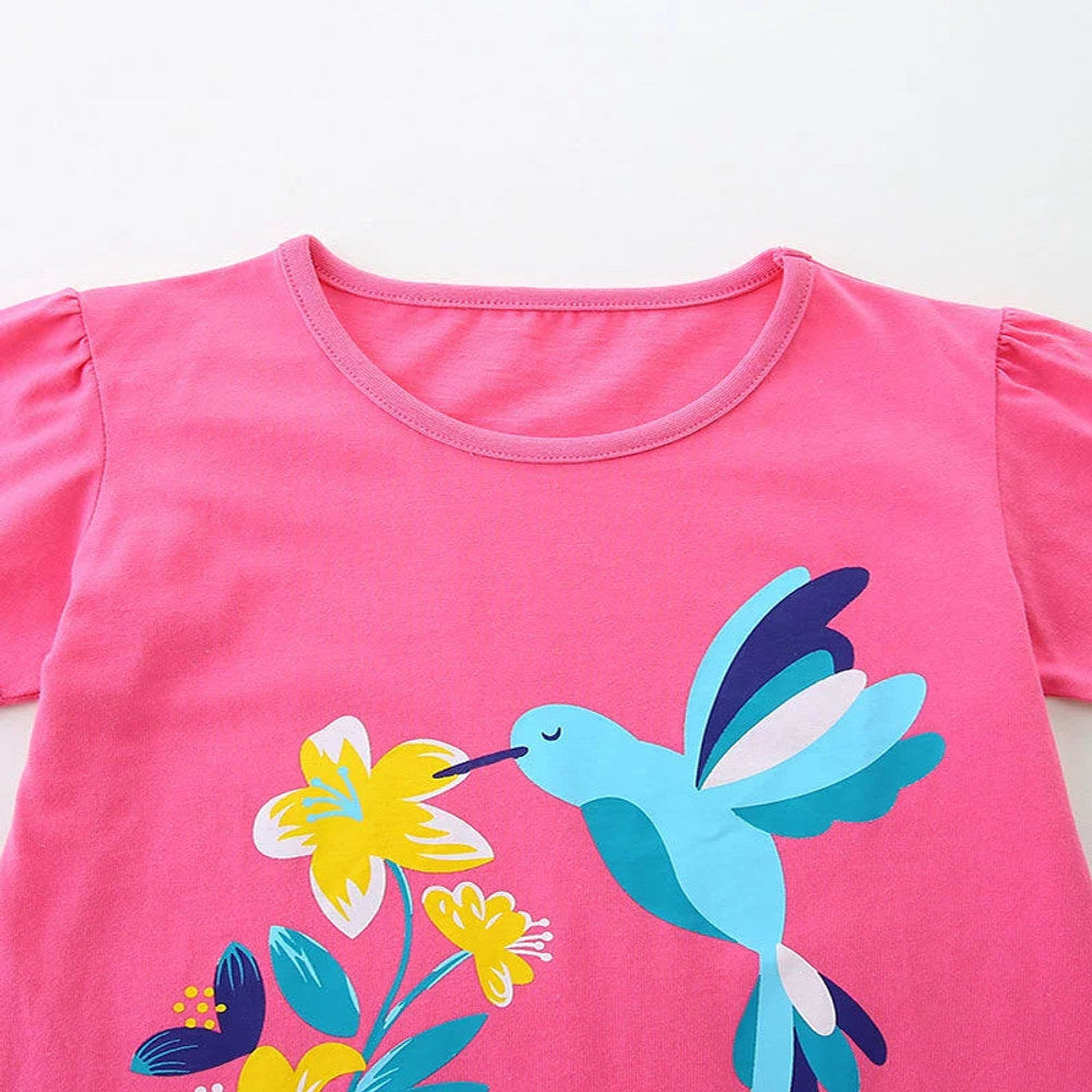 MyKids-USA® Summer Girls’ Flowers and Bird Cartoon Pattern T-shirt in European and American Style