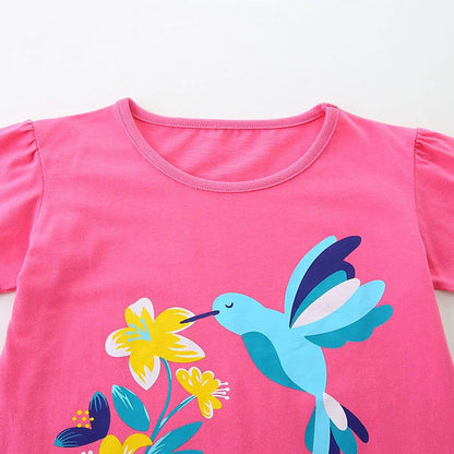 MyKids-USA® Summer Girls’ Flowers and Bird Cartoon Pattern T-shirt in European and American Style