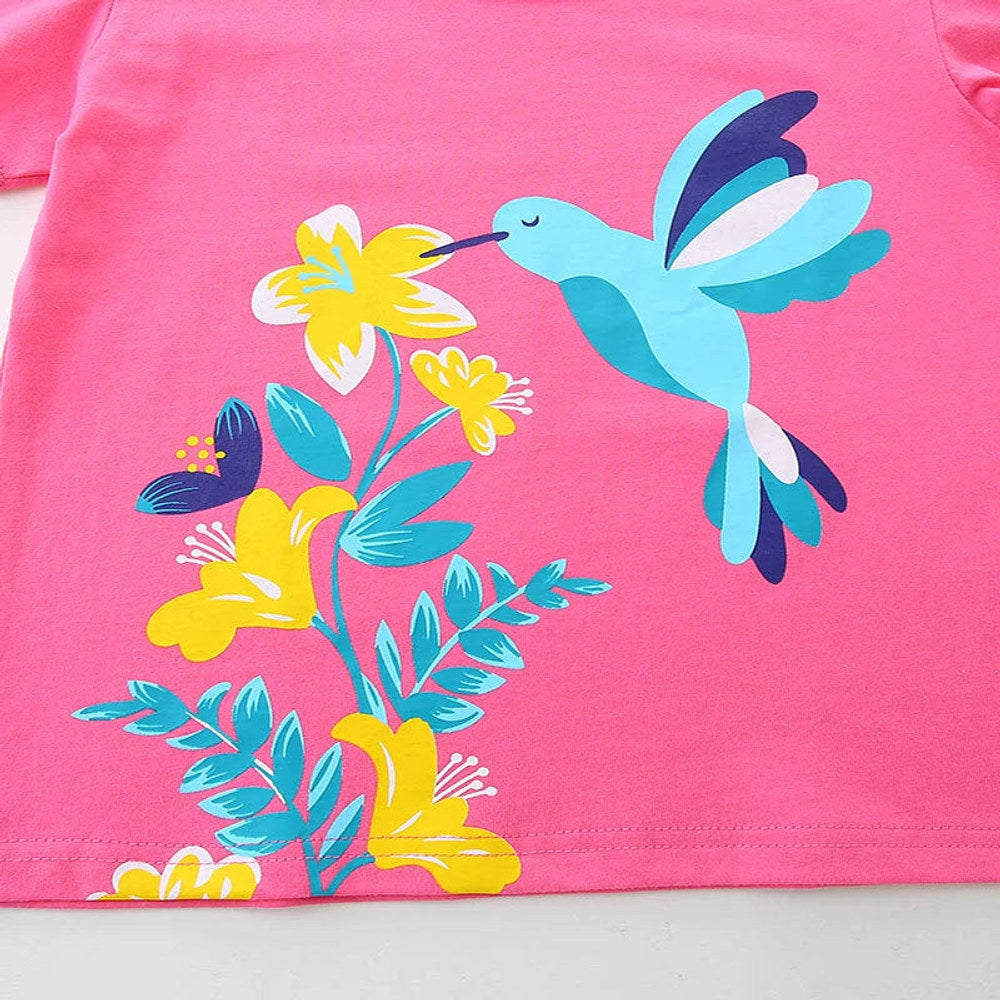 MyKids-USA® Summer Girls’ Flowers and Bird Cartoon Pattern T-shirt in European and American Style
