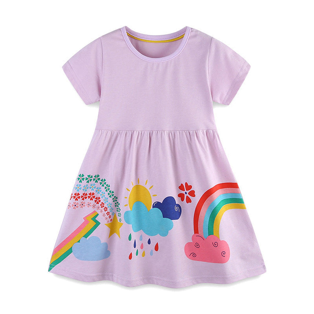 MyKids-USA® Pure Cotton Colorful Rainbow Pattern Short Sleeves Purple Dress for Stylish Girls