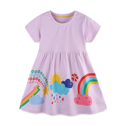 MyKids-USA® Pure Cotton Colorful Rainbow Pattern Short Sleeves Purple Dress for Stylish Girls