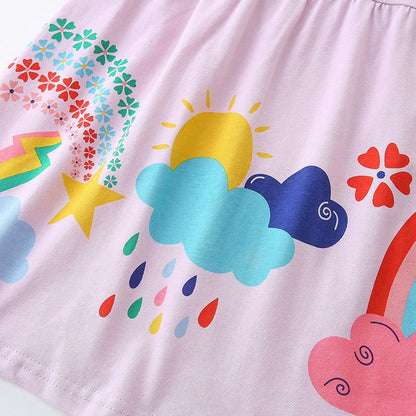 MyKids-USA® Pure Cotton Colorful Rainbow Pattern Short Sleeves Purple Dress for Stylish Girls