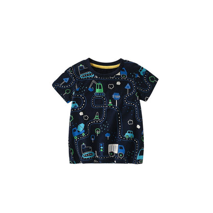 MyKids-USA® Summer Arrival Boys’ Vehicles Cartoon Pattern T-shirt in European and American Style