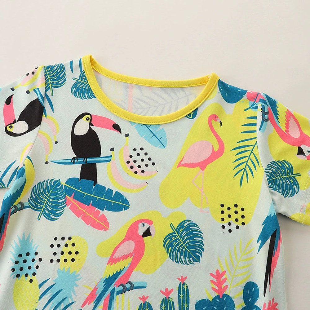 MyKids-USA® Colorful Jungle Cartoon Pattern Short Sleeves Dress for Stylish Girls