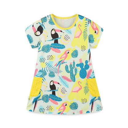 MyKids-USA® Colorful Jungle Cartoon Pattern Short Sleeves Dress for Stylish Girls